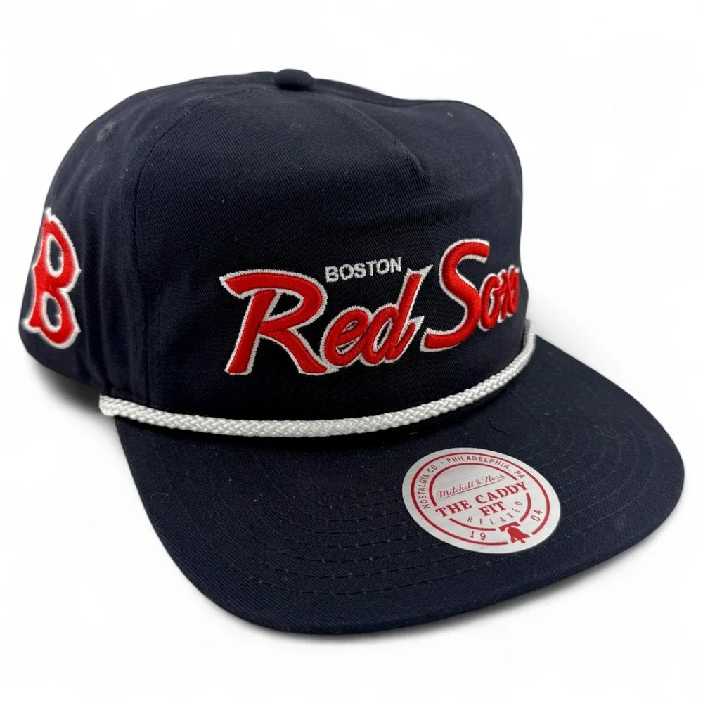 Mitchell & Ness Boston Red Sox Script A-Frame Rope Golfer Caddy Fit Snapback Hat